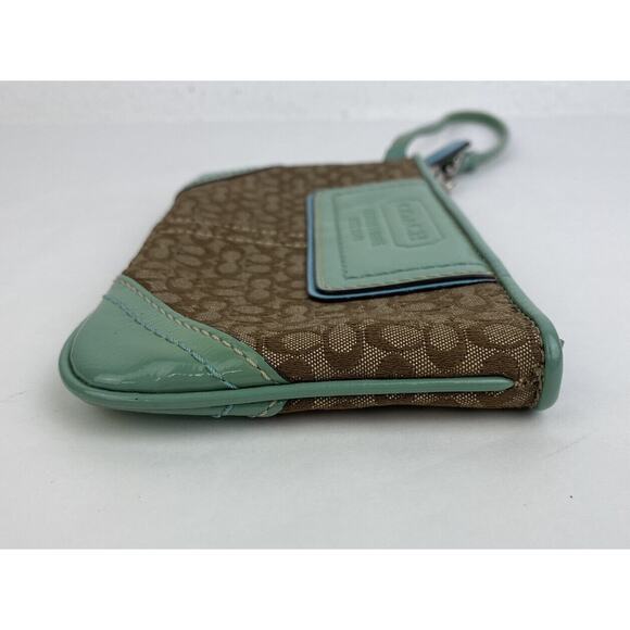 VTG Coach Wristlet Wallet Monogram Brown Canvas Teal Patent Leather Classic - Picture 5 of 9
